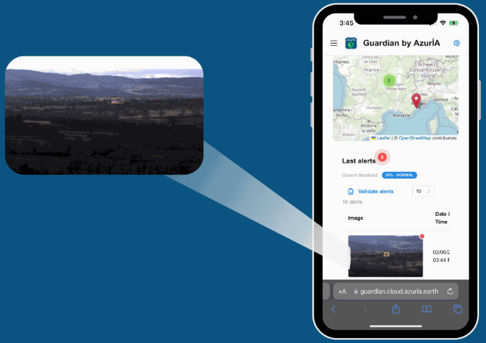 Cas d’usage de détection de feux de forêt : analyse d’images terrain par intelligence artificielle embarquée et visualisation des alertes en temps réel sur l’interface Guardian by AzurİA.